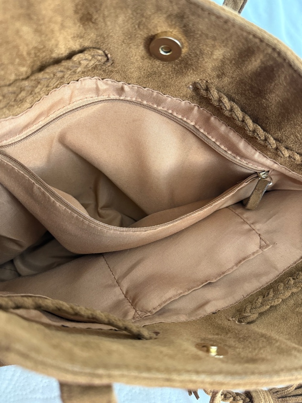 Faux Suede Tassel Tote Bag in Brown - Picture 5 of 6